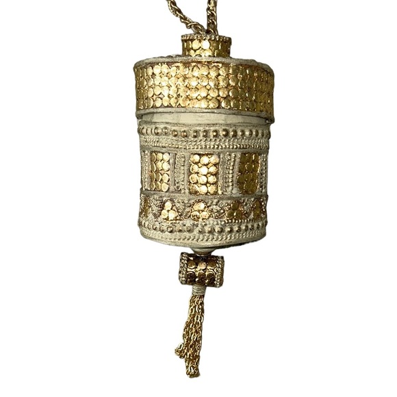Vintage Handmade Ivory Metallic Gold Wood Curved Box Chain Tassel Crossbody - Picture 10 of 11